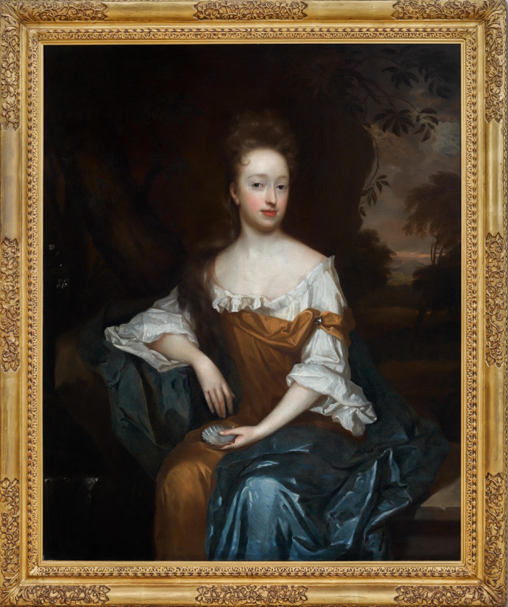 Portrait of a Lady Beside a Woodland Stream Holding a Shell c.1690; by Herman Verelst (1641-1702), Antique oil on canvas painting