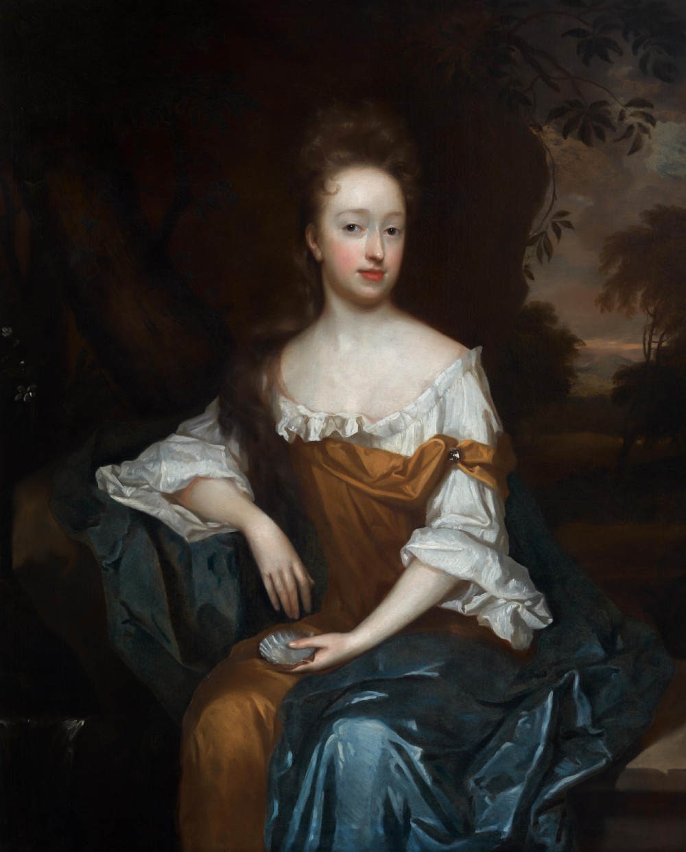Portrait of a Lady Beside a Woodland Stream Holding a Shell c.1690; by Herman Verelst (1641-1702), Antique oil on canvas painting View III