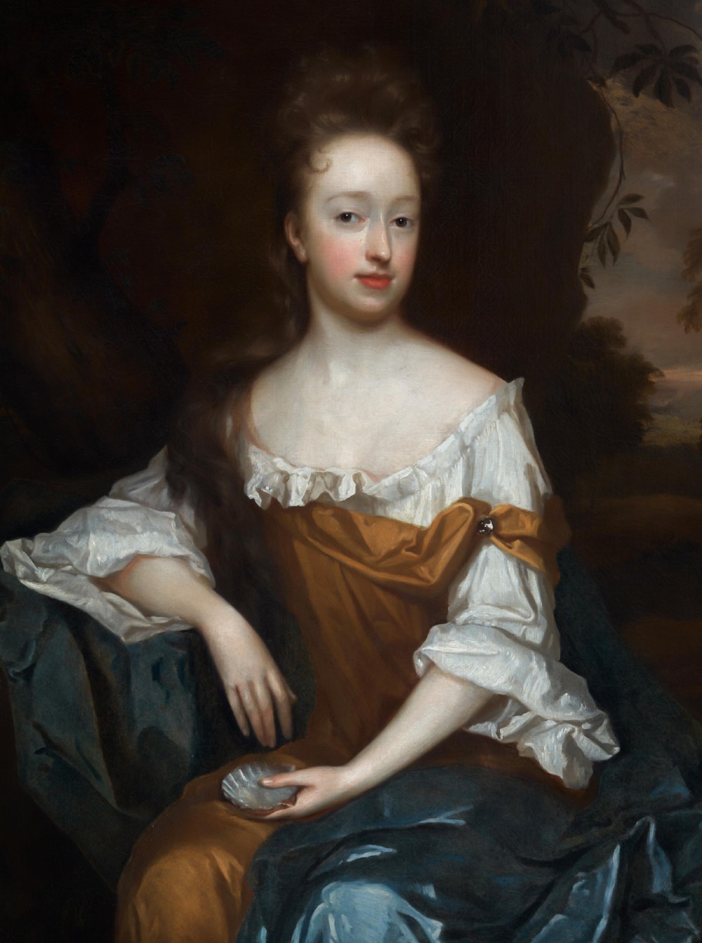 Portrait of a Lady Beside a Woodland Stream Holding a Shell c.1690; by Herman Verelst (1641-1702), Antique oil on canvas painting View V