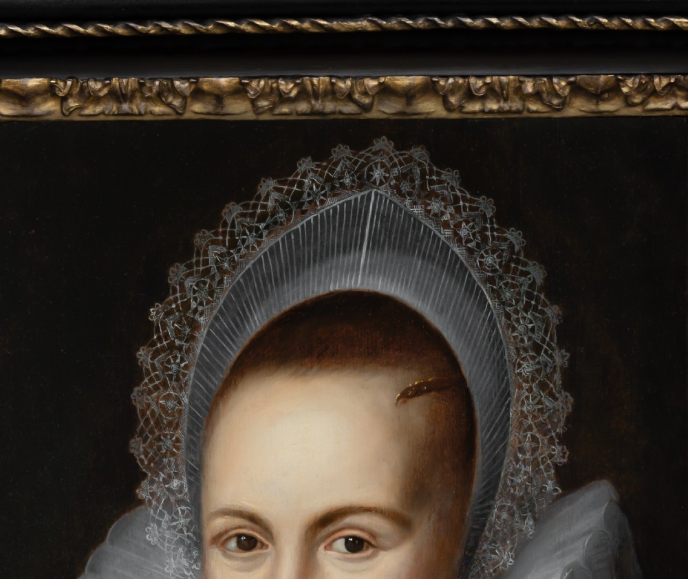 Portrait of a Lady in an Elaborate Ruff and White Coiff c.1616; Attributed to Cornelis van der Voort (c.1576-1624), Oil on canvas painting View VI