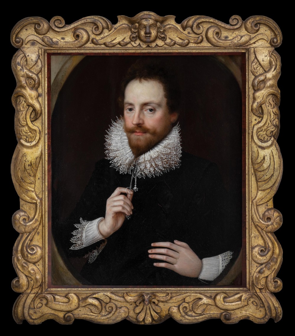 Portrait of Sir Henry Wotton in a Black Doublet & White Ruff c.1610-20; Circle of Cornelius Johnson (1593-1661), Oil on canvas painting