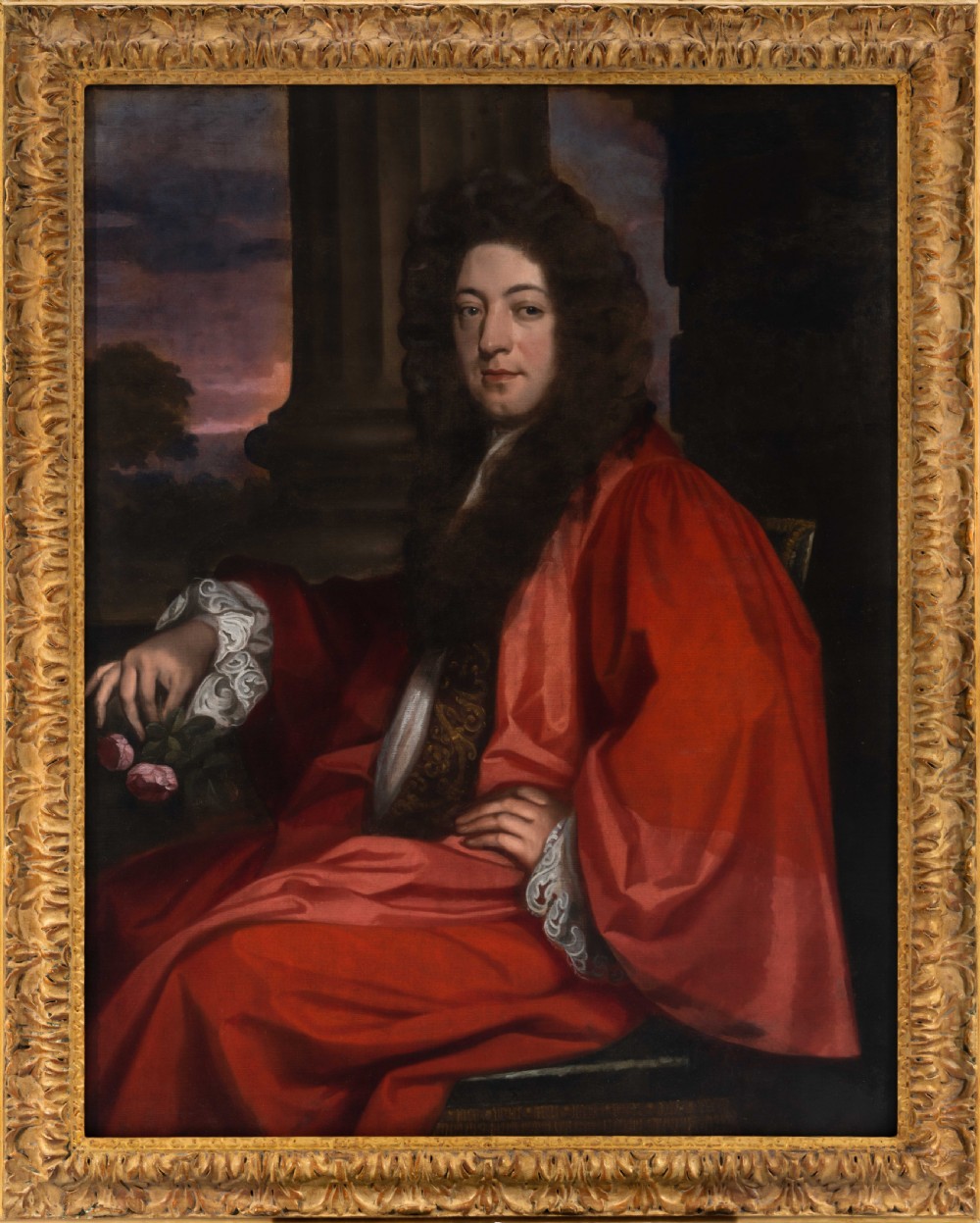 Portrait of a Gentleman in Scarlet Robes on a Porch Holding Flowers c.1675; Attributed to John Greenhill (c.1642-1676), Oil on canvas