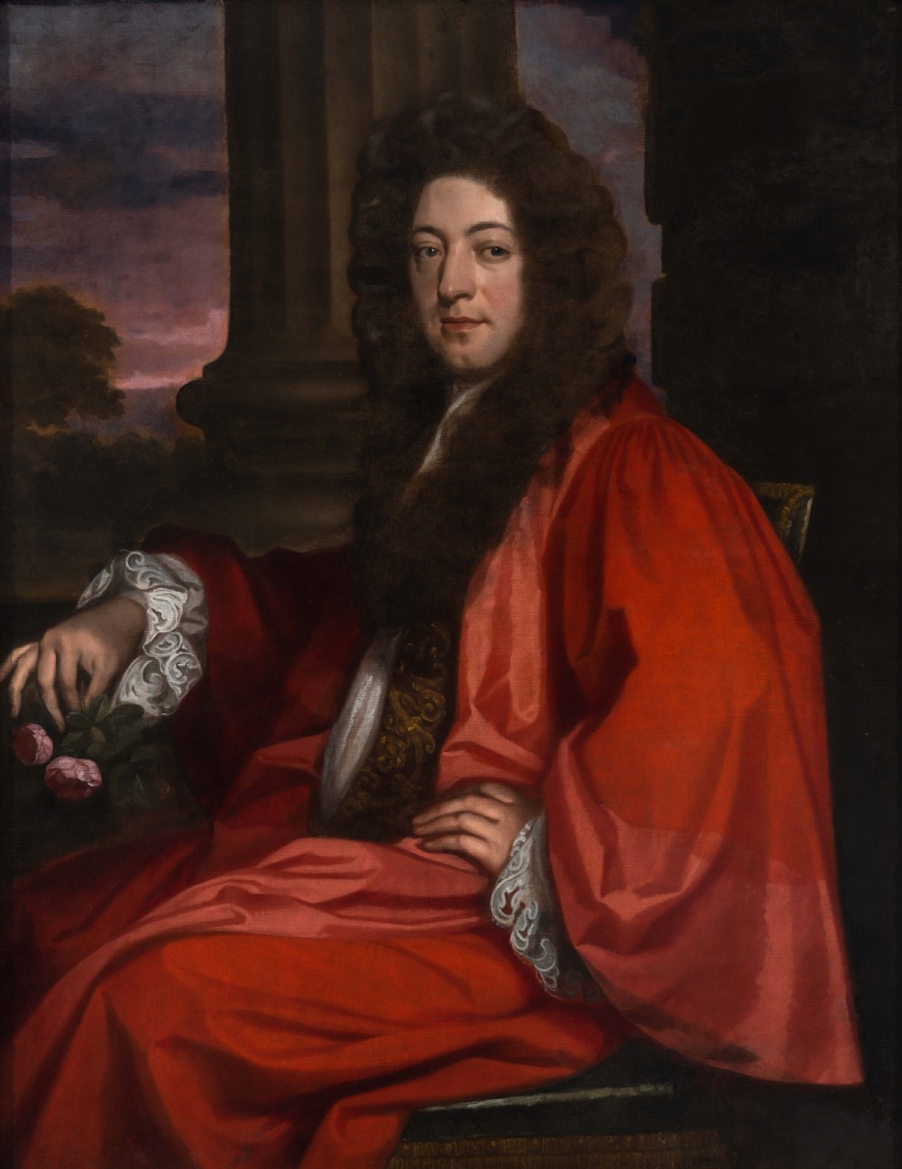 Portrait of a Gentleman in Scarlet Robes on a Porch Holding Flowers c.1675; Attributed to John Greenhill (c.1642-1676), Oil on canvas View III