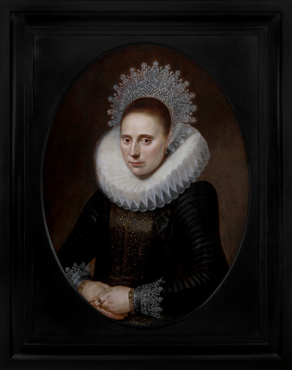 c.1610 Portrait of a Lady in White Ruff and Lace Coif; by Cornelis van der Voort (c.1576-1624), Oil on panel painting