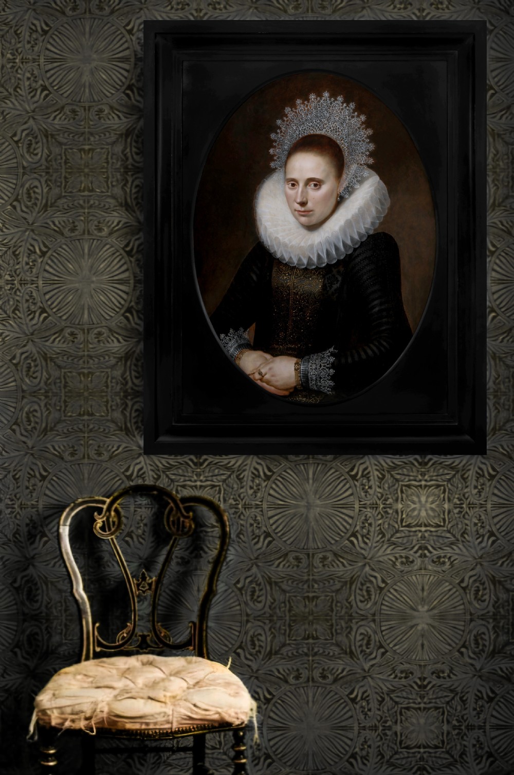 c.1610 Portrait of a Lady in White Ruff and Lace Coif; by Cornelis van der Voort (c.1576-1624), Oil on panel painting View II