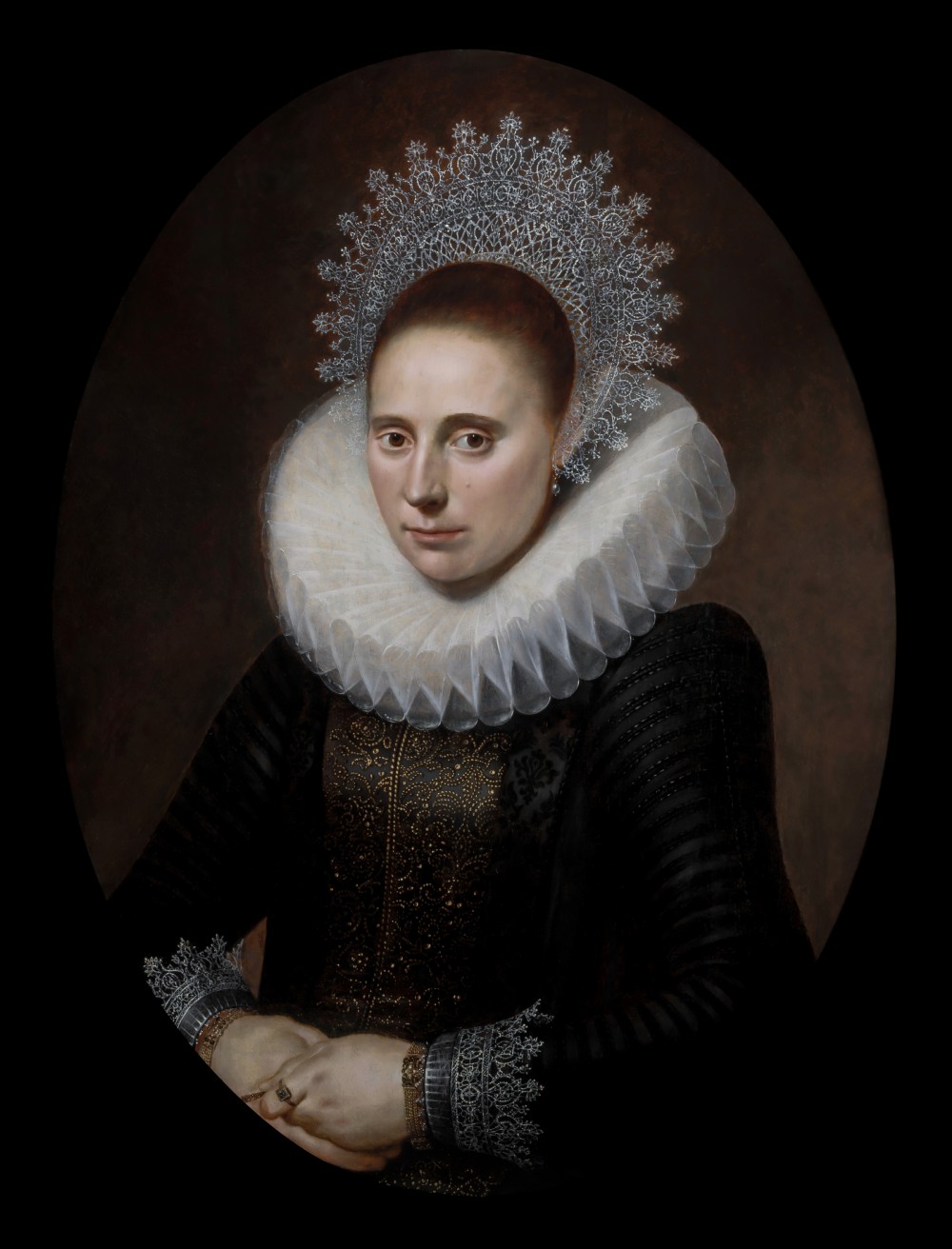 c.1610 Portrait of a Lady in White Ruff and Lace Coif; by Cornelis van der Voort (c.1576-1624), Oil on panel painting View III