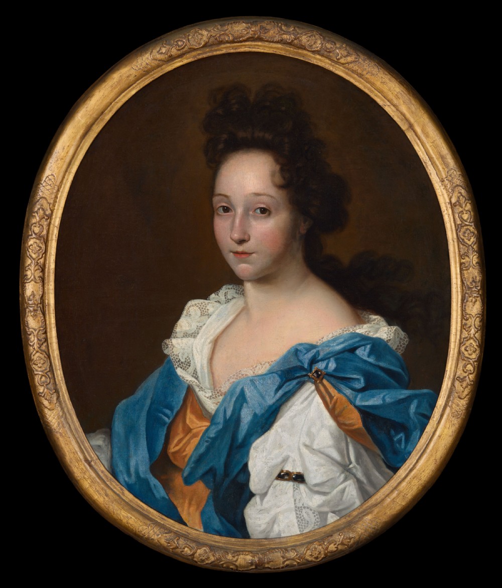 c.1695 Portrait of a Lady in a White and Russet Dress with Blue Drapery; Attributed to Herman Verelst (1641-c.1702), Oil on canvas painting