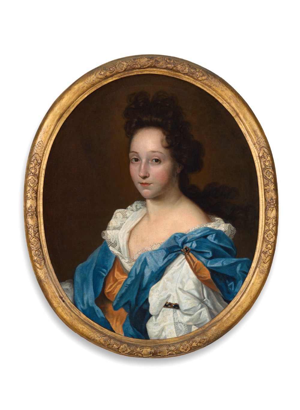 c.1695 Portrait of a Lady in a White and Russet Dress with Blue Drapery; Attributed to Herman Verelst (1641-c.1702), Oil on canvas painting View II