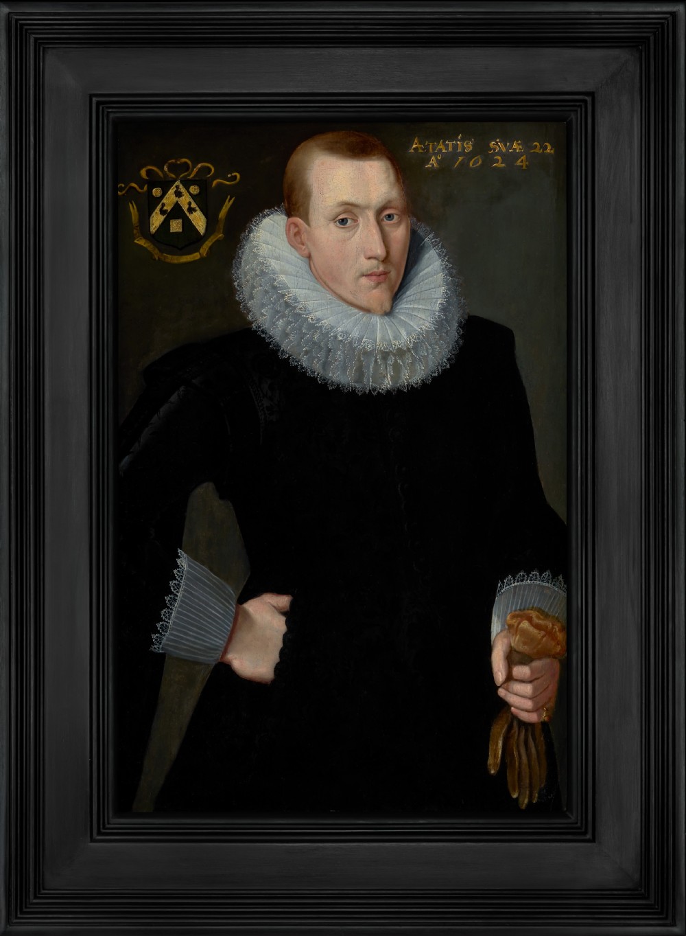 Dated 1624 Portrait of a Gentleman in Black Doublet & White Ruff Holding Gloves, oil on panel painting; Circle of Frans Pourbus the Younger (1569–1622)