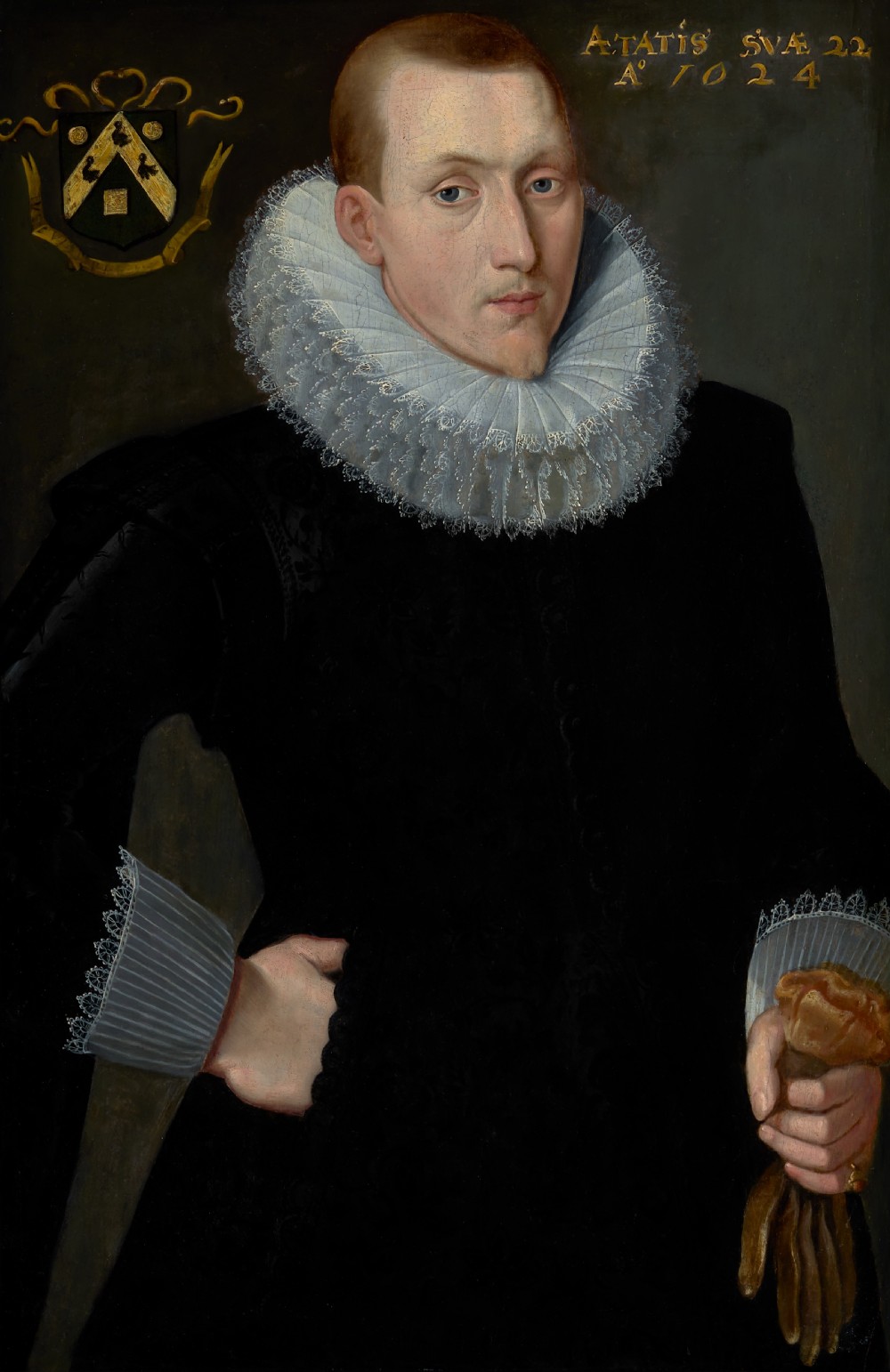 Dated 1624 Portrait of a Gentleman in Black Doublet & White Ruff Holding Gloves, oil on panel painting; Circle of Frans Pourbus the Younger (1569–1622) View IV