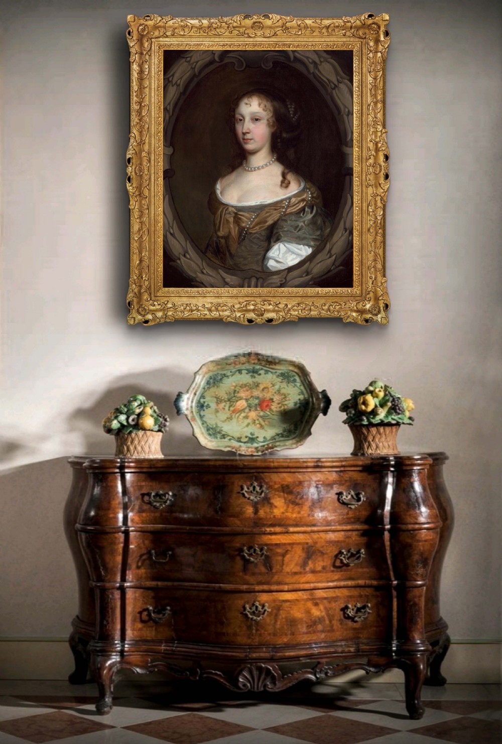Portrait of a Lady in a Green Dress & Pearl Jewellery c.1660; Studio of John Michael Wright (1617-1694), Oil on canvas painting View II