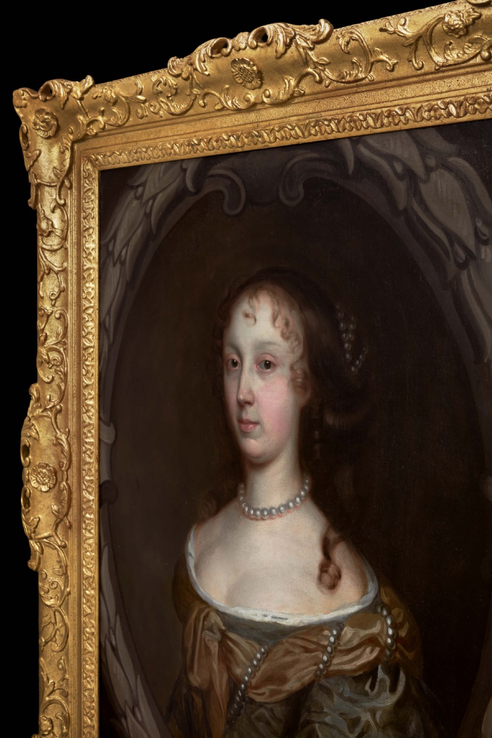 Portrait of a Lady in a Green Dress & Pearl Jewellery c.1660; Studio of John Michael Wright (1617-1694), Oil on canvas painting View III