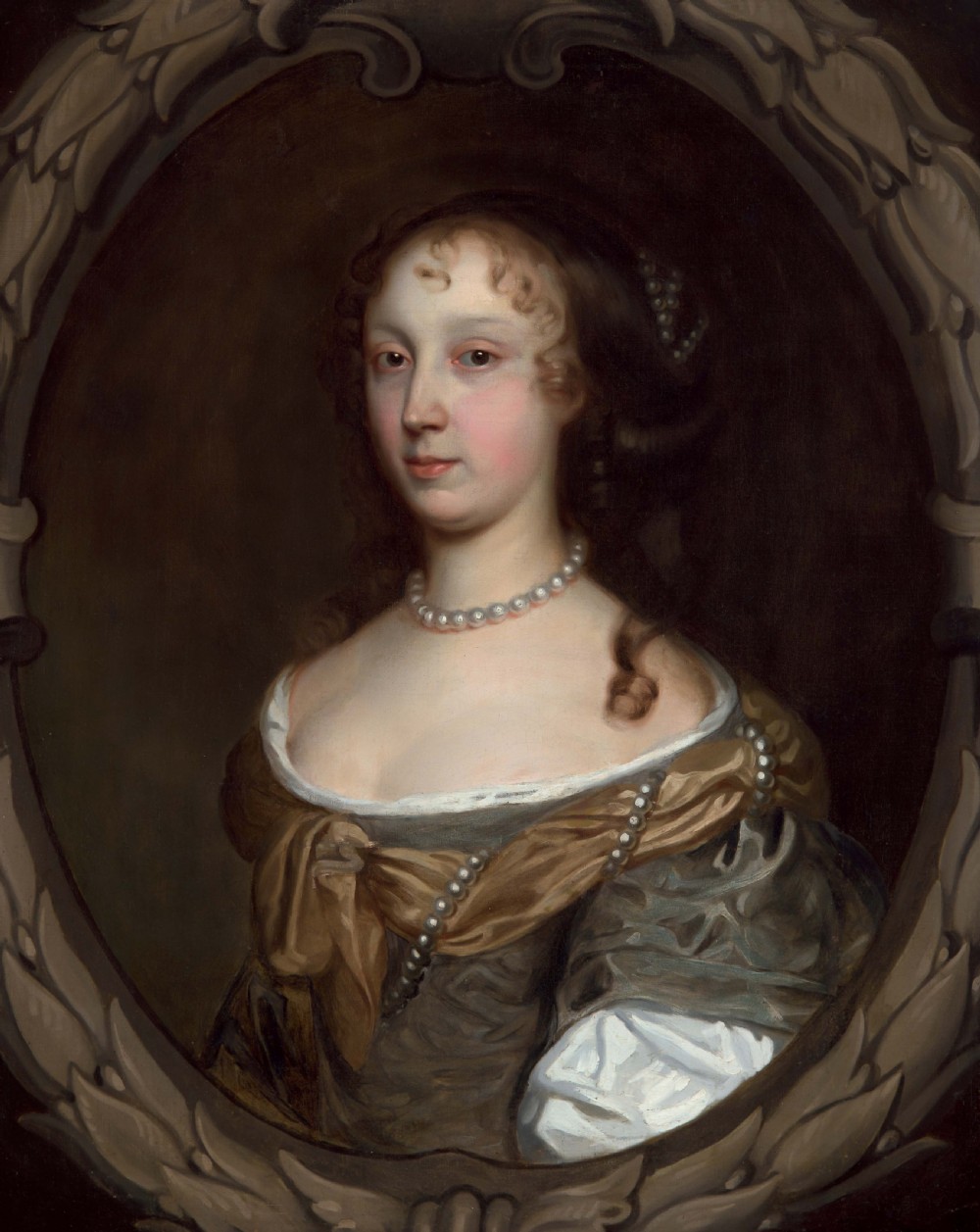 Portrait of a Lady in a Green Dress & Pearl Jewellery c.1660; Studio of John Michael Wright (1617-1694), Oil on canvas painting View IV