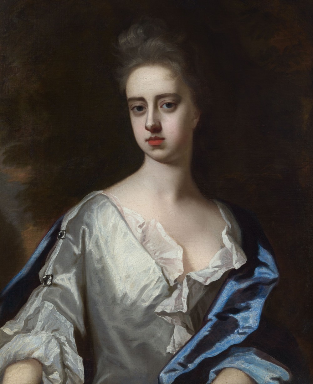 Portrait of a Lady in White Dress and Blue Mantle, Frances Lady Berkeley c.1695; By Michael Dahl (1659-1743), Oil on canvas painting View III