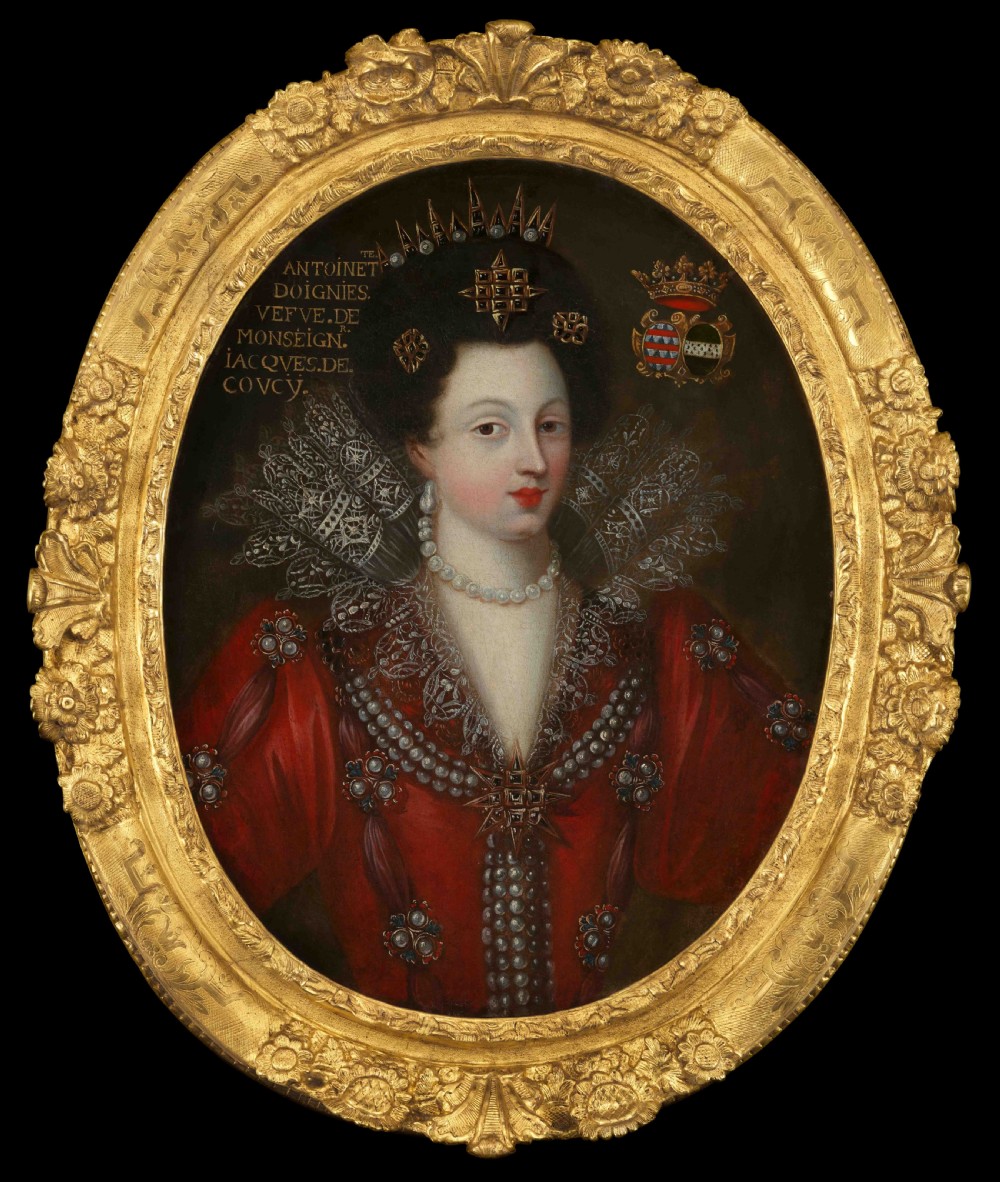Portrait of Antoinette Coucy in an Elaborate Red Dress with Lace & Jewels c.1605; 17th century French School, Oil on canvas 