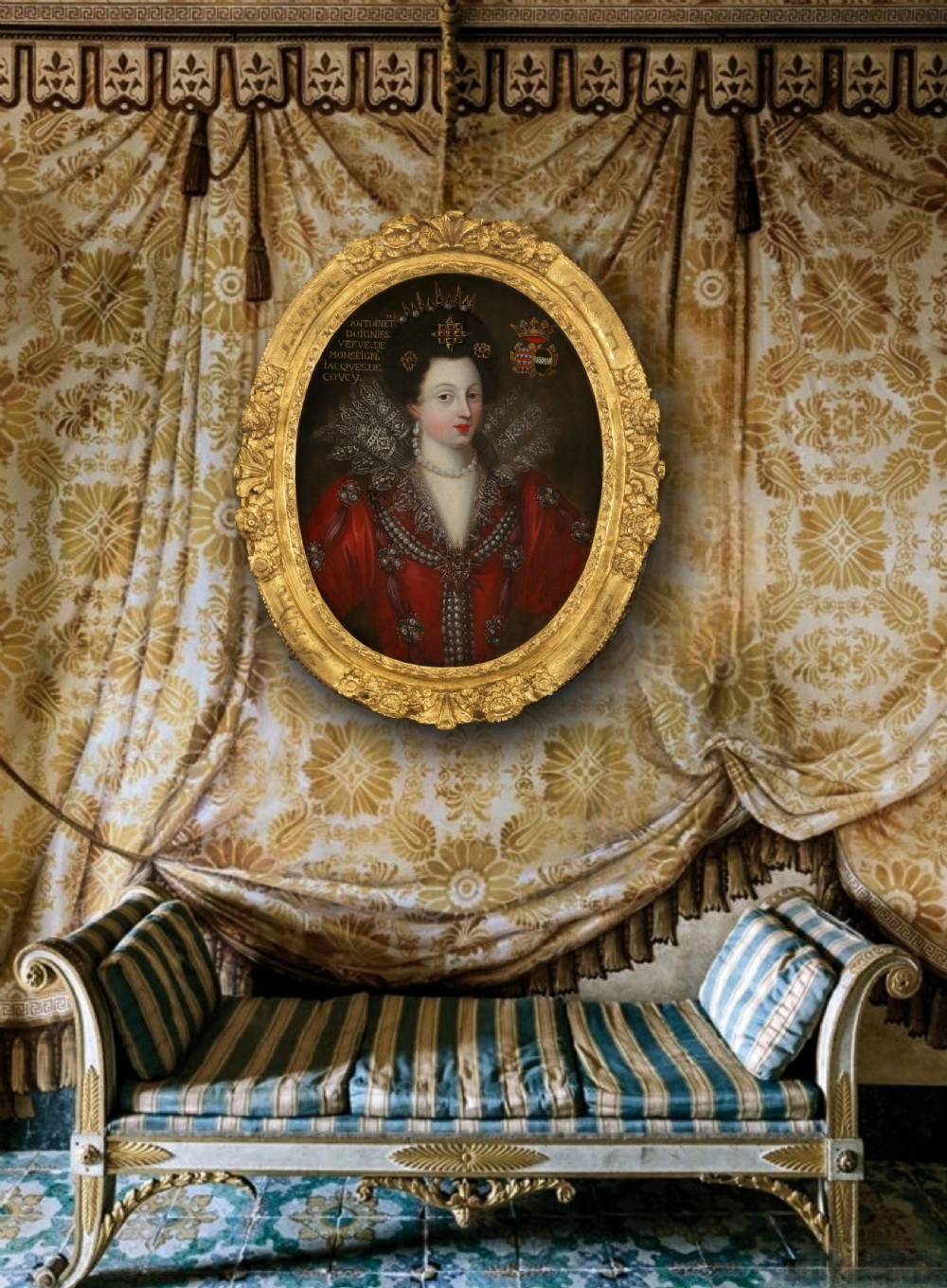 Portrait of Antoinette Coucy in an Elaborate Red Dress with Lace & Jewels c.1605; 17th century French School, Oil on canvas  View IV