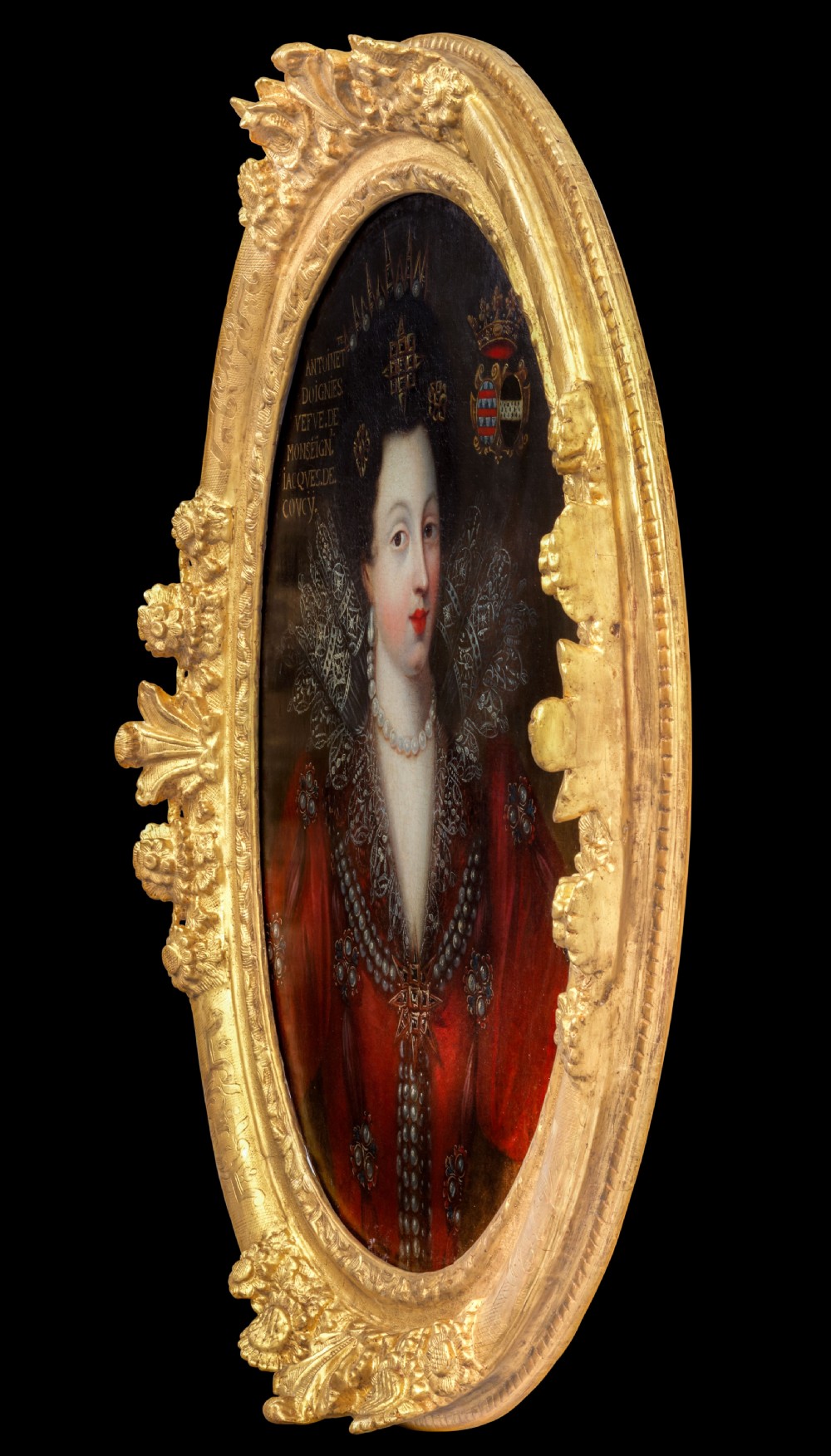 Portrait of Antoinette Coucy in an Elaborate Red Dress with Lace & Jewels c.1605; 17th century French School, Oil on canvas  View V