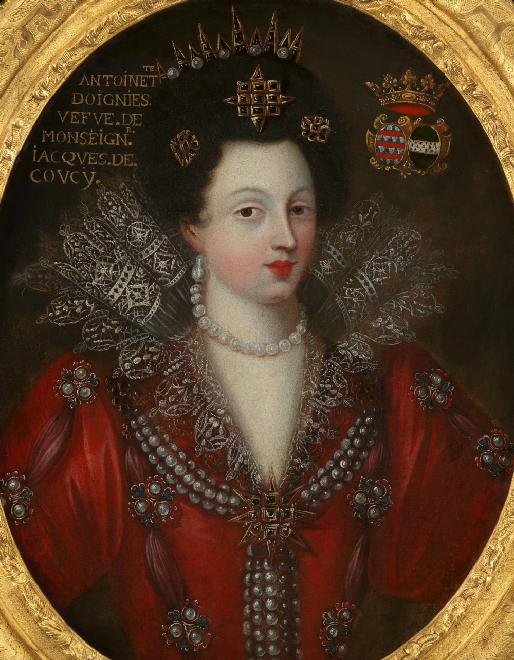 Portrait of Antoinette Coucy in an Elaborate Red Dress with Lace & Jewels c.1605; 17th century French School, Oil on canvas  View VI