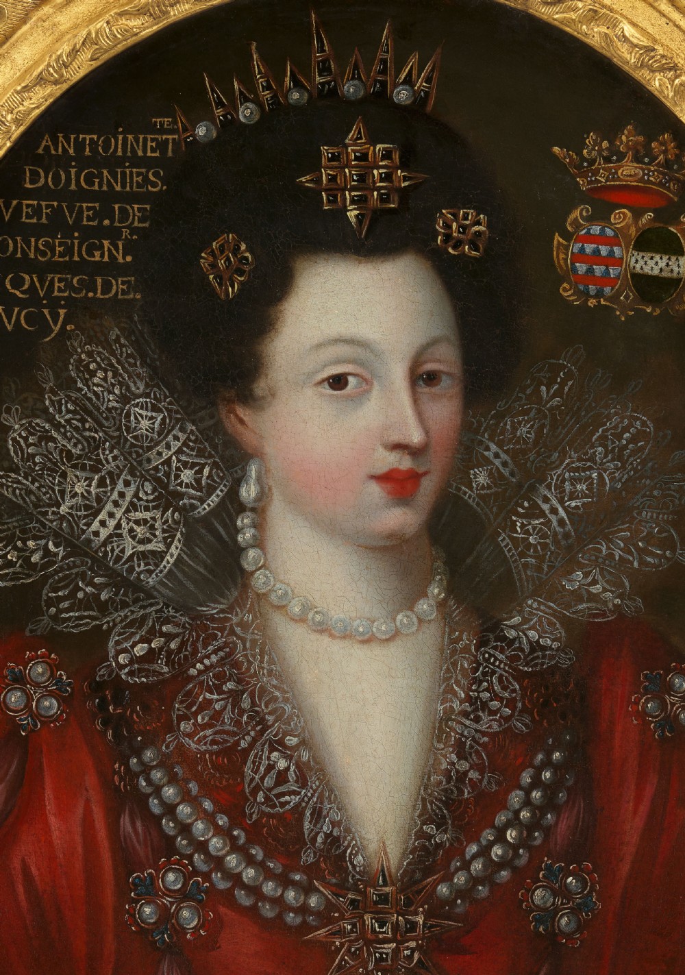 Portrait of Antoinette Coucy in an Elaborate Red Dress with Lace & Jewels c.1605; 17th century French School, Oil on canvas  View VII