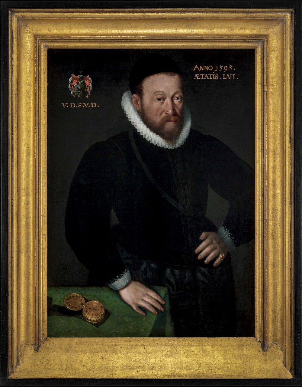 Civic Portrait of a Gentleman in a Doublet beside a Table with a Clock, dated 1595; Circle of Frans Pourbus the Elder (1545–1581) Oil on panel painting