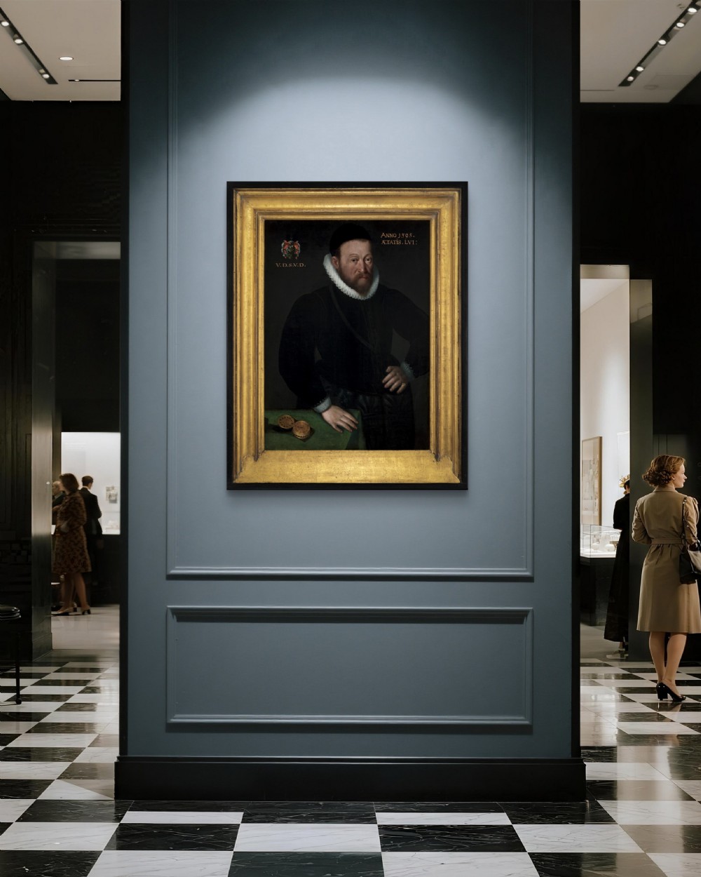 Civic Portrait of a Gentleman in a Doublet beside a Table with a Clock, dated 1595; Circle of Frans Pourbus the Elder (1545–1581) Oil on panel painting View II