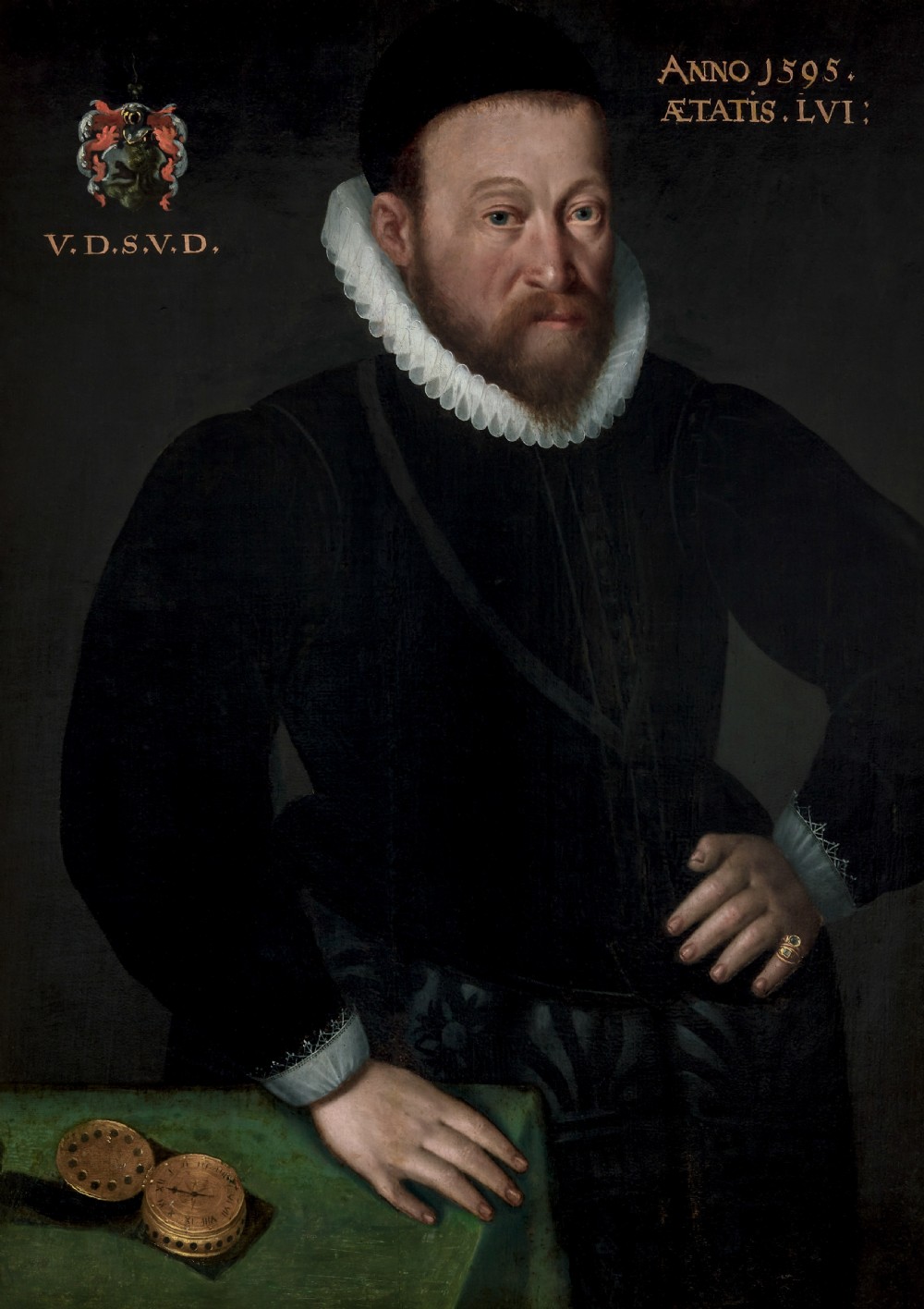 Civic Portrait of a Gentleman in a Doublet beside a Table with a Clock, dated 1595; Circle of Frans Pourbus the Elder (1545–1581) Oil on panel painting View III
