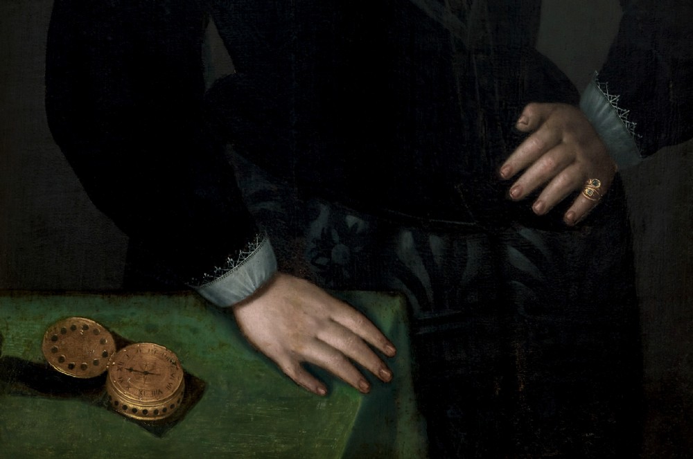 Civic Portrait of a Gentleman in a Doublet beside a Table with a Clock, dated 1595; Circle of Frans Pourbus the Elder (1545–1581) Oil on panel painting View VII