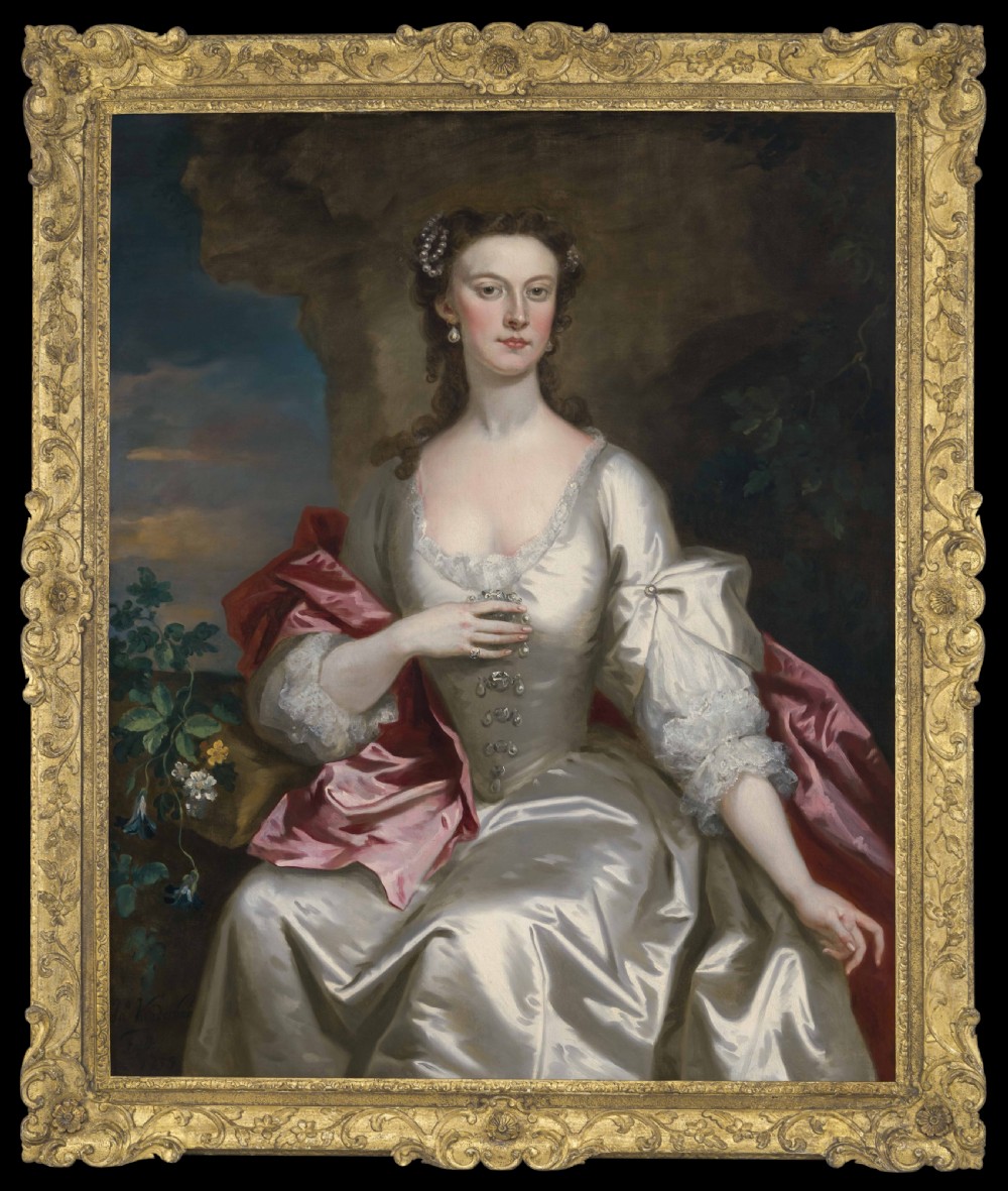 Portrait of a Lady in a White Silk Dress & Red Drapery, Signed and Dated 1739; John Vanderbank (1694–1739), Oil on canvas painting