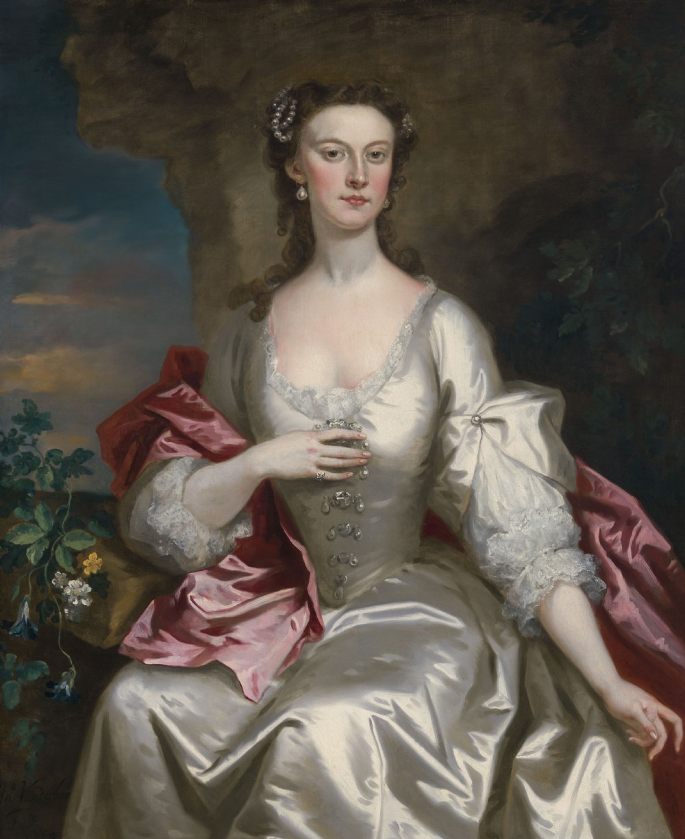 Portrait of a Lady in a White Silk Dress & Red Drapery, Signed and Dated 1739; John Vanderbank (1694–1739), Oil on canvas painting View IV