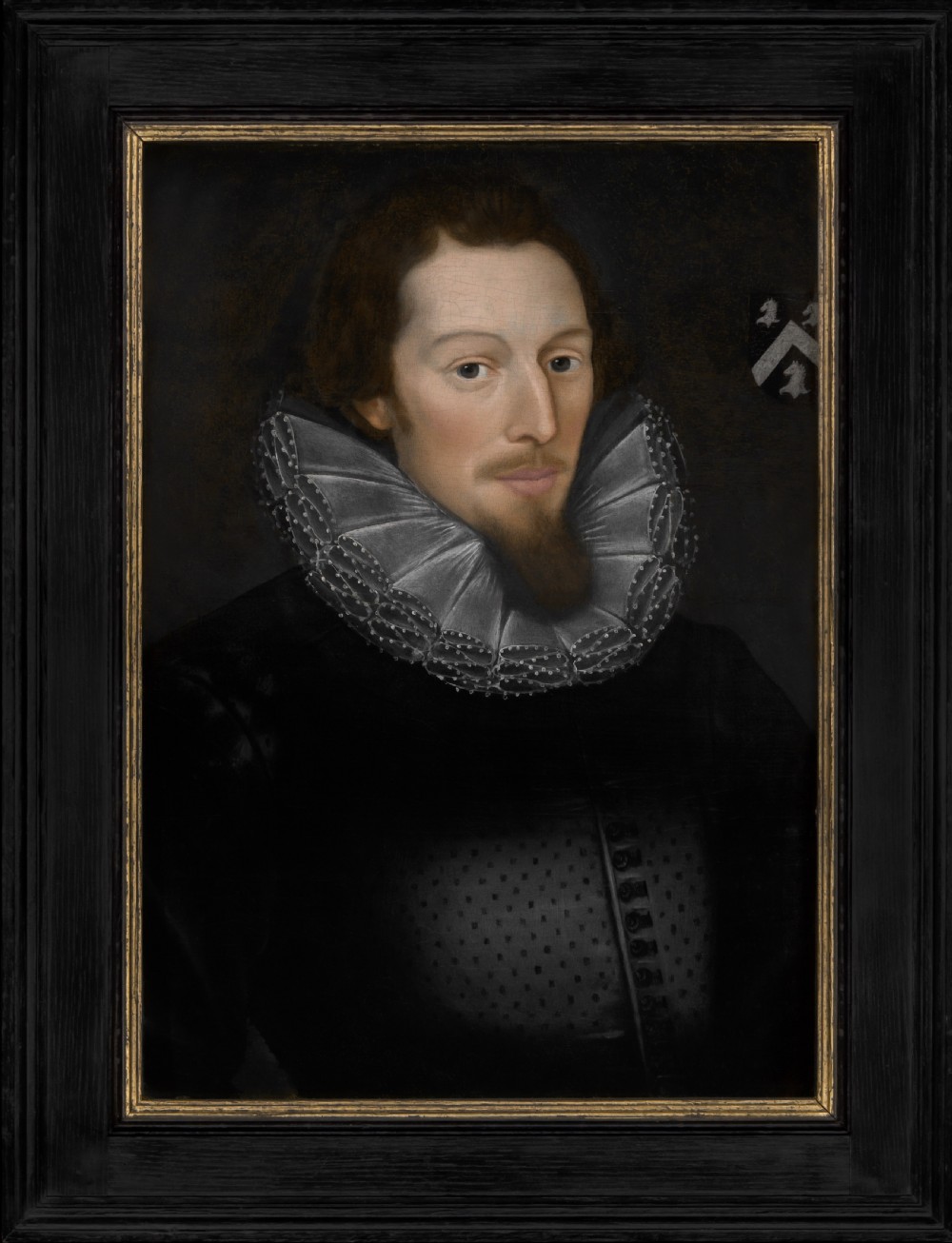 Portrait of Sir Edward East (1584–1657), later 1st Baronet of Radnage, in a Black Doublet and Lace Ruff, with the Arms of the East Family; English School, c.1605–1615, Oil on panel painting