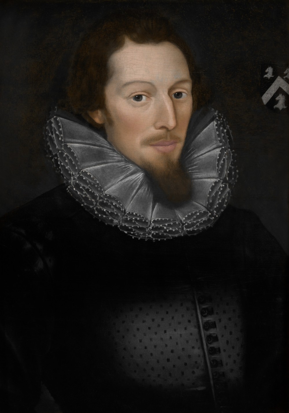 Portrait of Sir Edward East (1584–1657), later 1st Baronet of Radnage, in a Black Doublet and Lace Ruff, with the Arms of the East Family; English School, c.1605–1615, Oil on panel painting View II