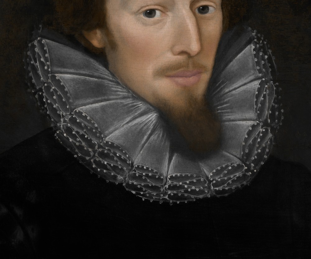Portrait of Sir Edward East (1584–1657), later 1st Baronet of Radnage, in a Black Doublet and Lace Ruff, with the Arms of the East Family; English School, c.1605–1615, Oil on panel painting View IV