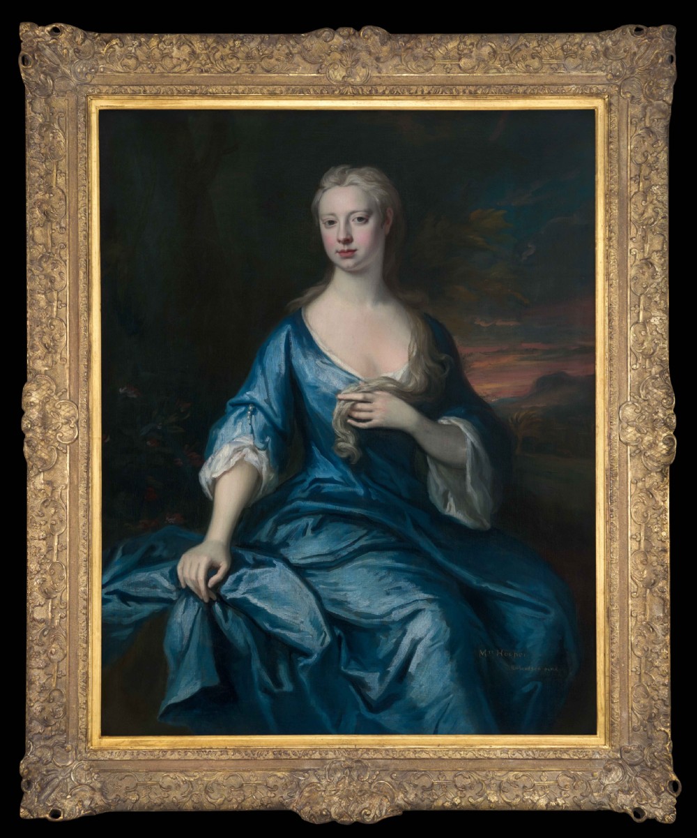 Portrait of Mary Hooper (née Davie) in Blue Dress Seated in a Parkland c. 1715–1725; Jonathan Richardson the Elder (1667–1745), Oil on canvas painting
