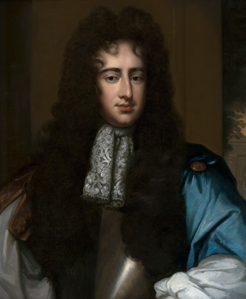 An oil portrait depicting a gentleman in a long dark wig, lace cravat, and blue cloak, presented within an ornate carved giltwood frame. View VI