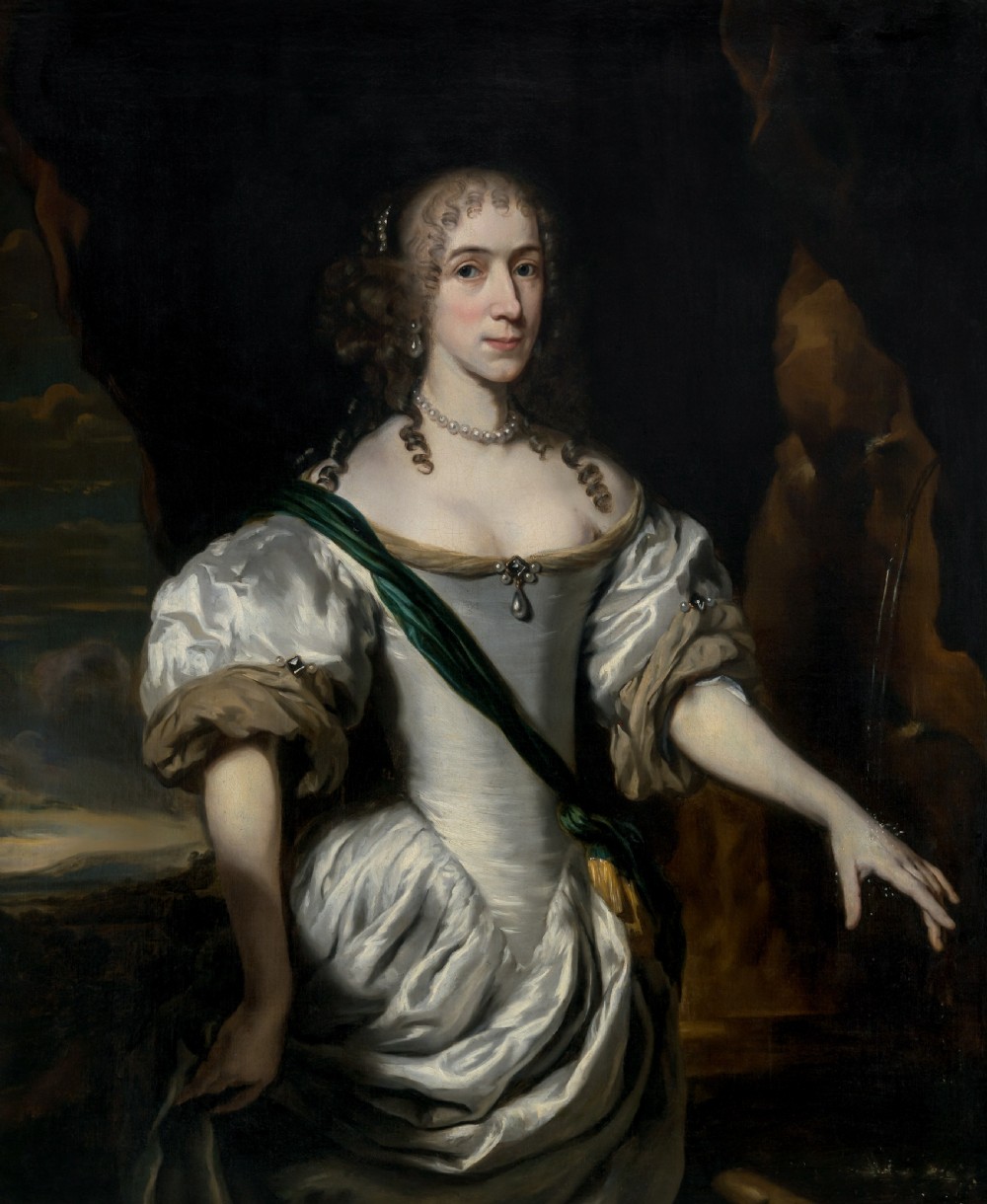 A three-quarter length oil portrait depicting a woman in a white satin gown with a green sash, set within an ornate carved gilded frame. View II