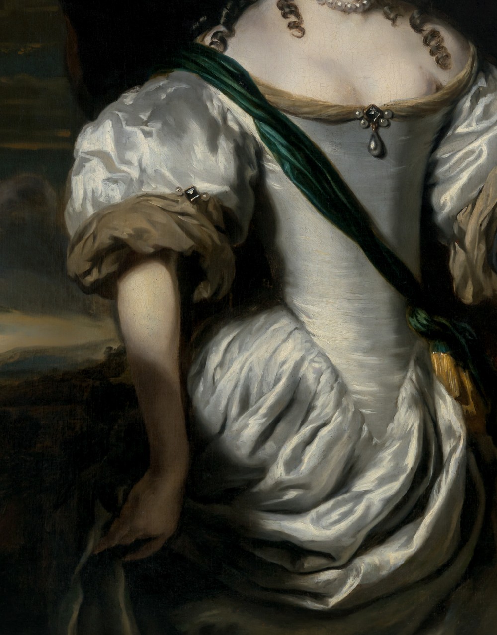 A three-quarter length oil portrait depicting a woman in a white satin gown with a green sash, set within an ornate carved gilded frame. View IV