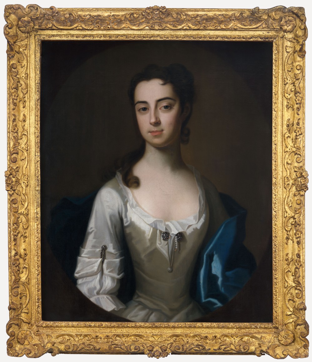 Portrait of Jane Harris (later Mrs Bigg) in a White Dress and Blue Mantle c.1731; By Enoch Seeman (the Younger) (c.1694–1745), oil on canvas painting