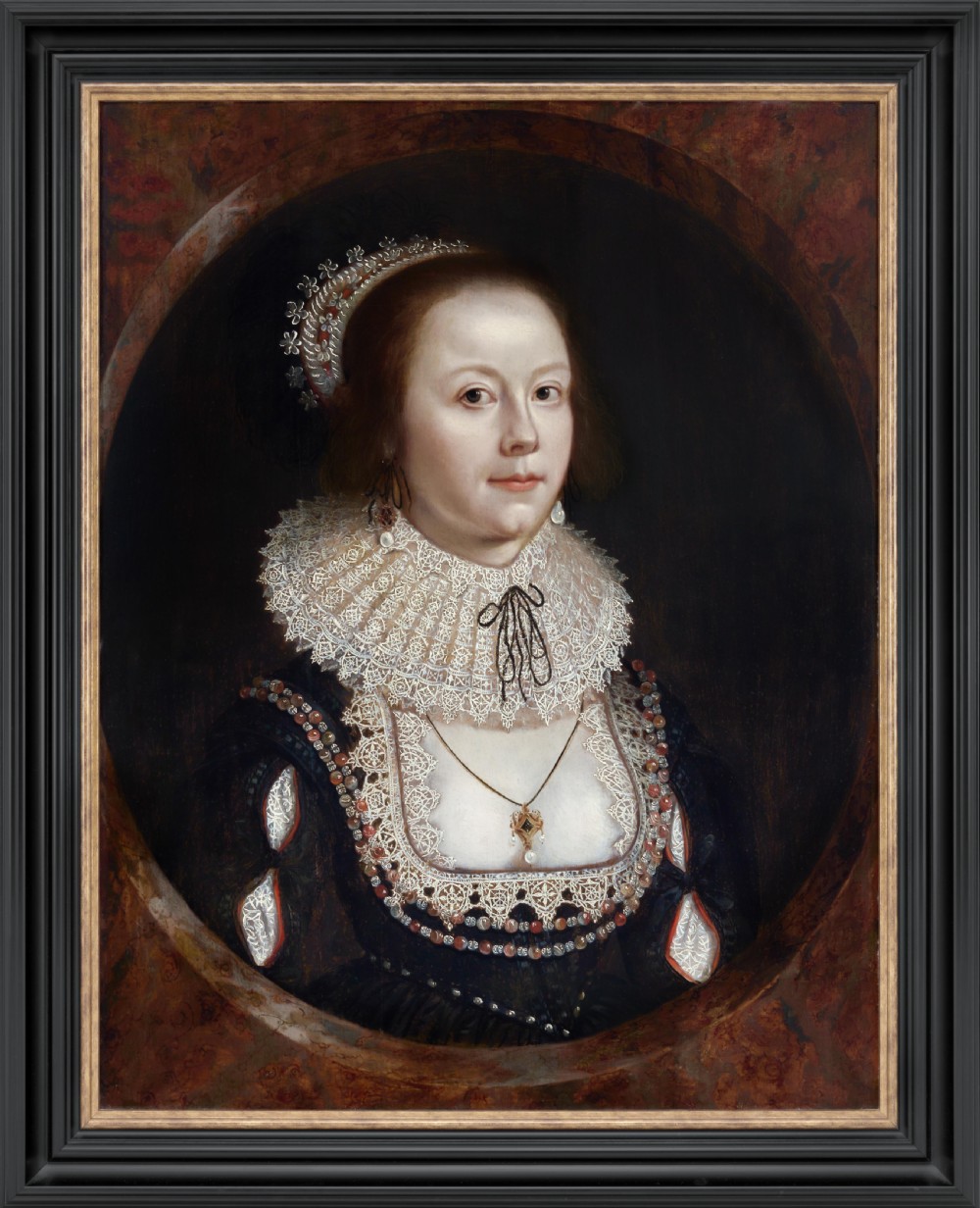 A seventeenth-century oil painting on wood panel depicting a lady in a black dress with an elaborate lace collar, set within a painted oval frame.