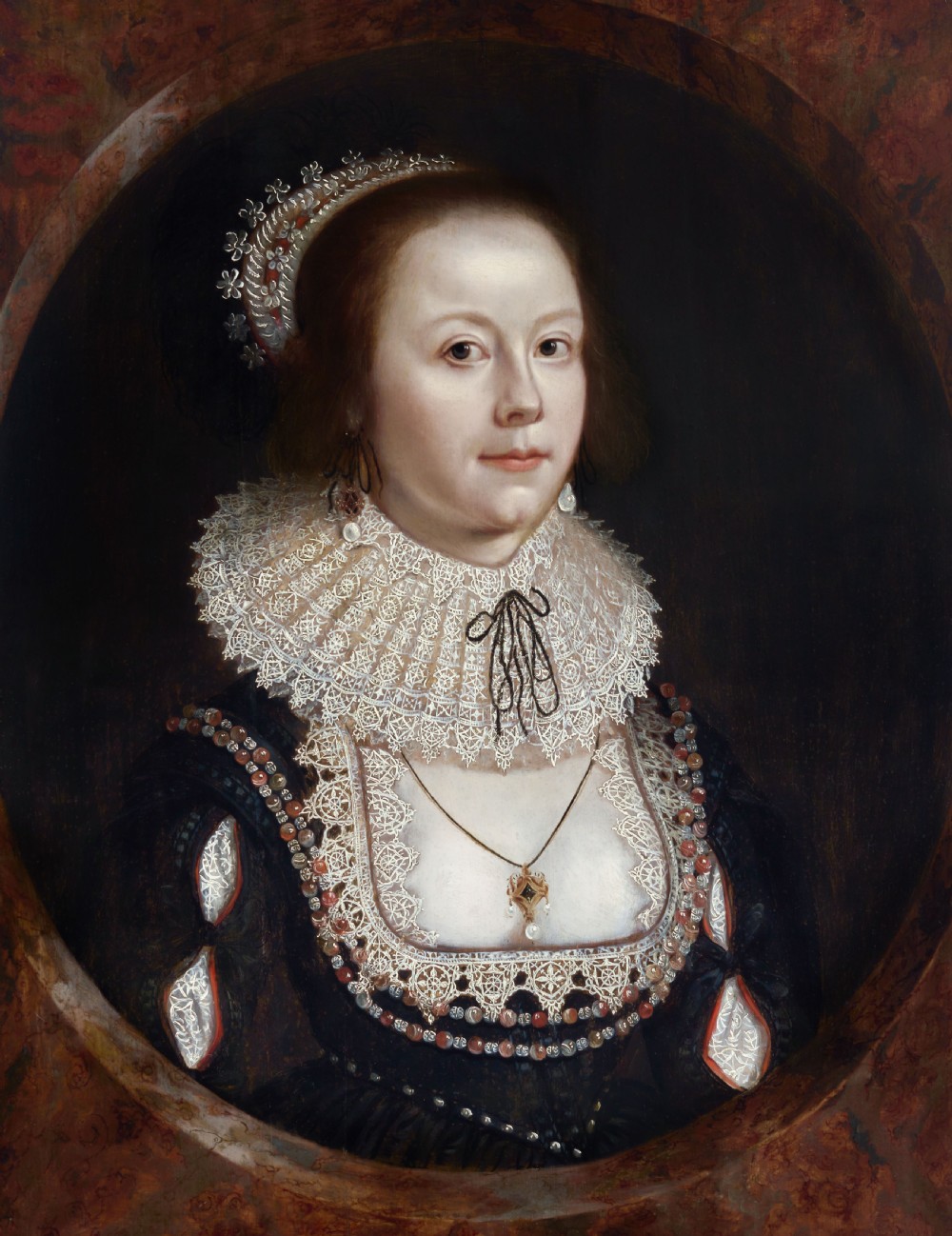 A seventeenth-century oil painting on wood panel depicting a lady in a black dress with an elaborate lace collar, set within a painted oval frame. View IV