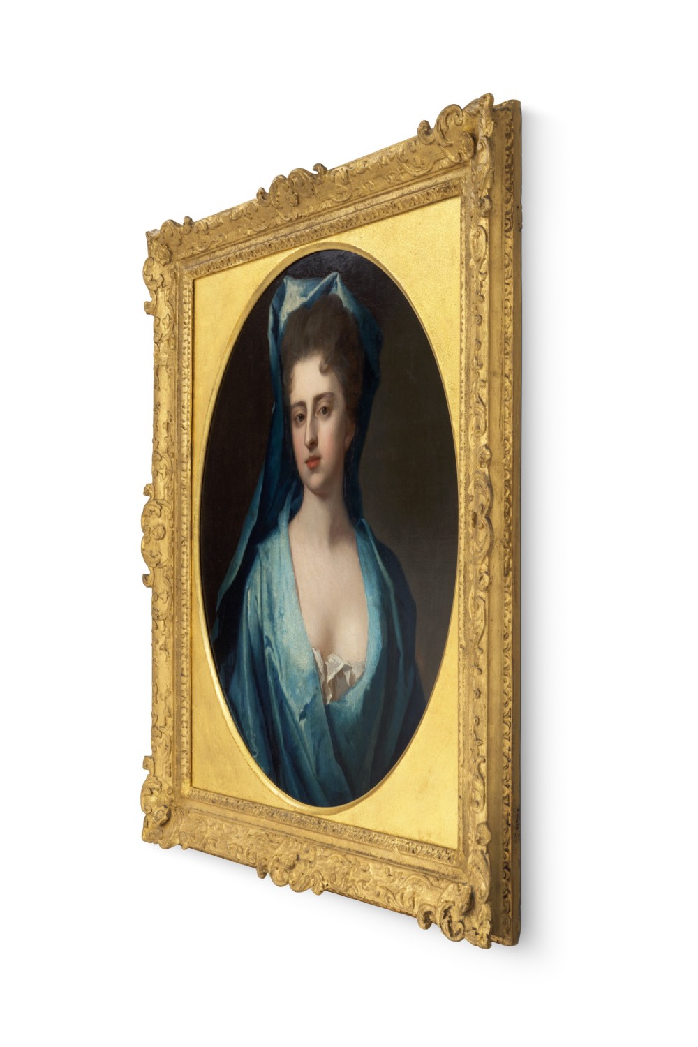 Pair of early eighteenth-century oil portraits on canvas featuring a man and a woman in blue drapery framed in elaborate carved gold giltwood frames. View III