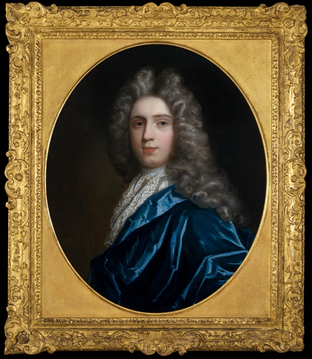 Pair of early eighteenth-century oil portraits on canvas featuring a man and a woman in blue drapery framed in elaborate carved gold giltwood frames. View VII