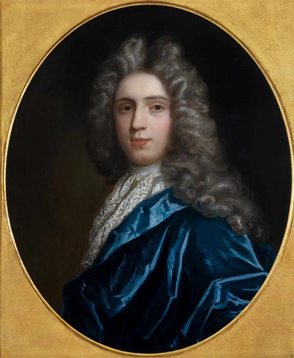 Pair of early eighteenth-century oil portraits on canvas featuring a man and a woman in blue drapery framed in elaborate carved gold giltwood frames. View IX