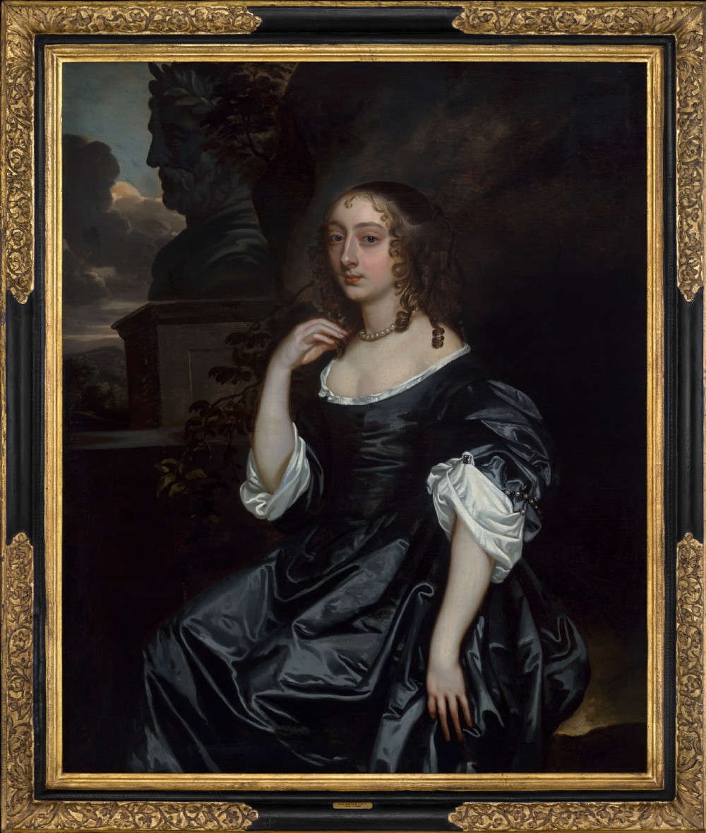 An oil painting depicting a 17th-century woman in a black dress with white satin sleeves and a pearl necklace, set against a dark backdrop with a stone bust sculpture inside a dark frame with gilded corners.