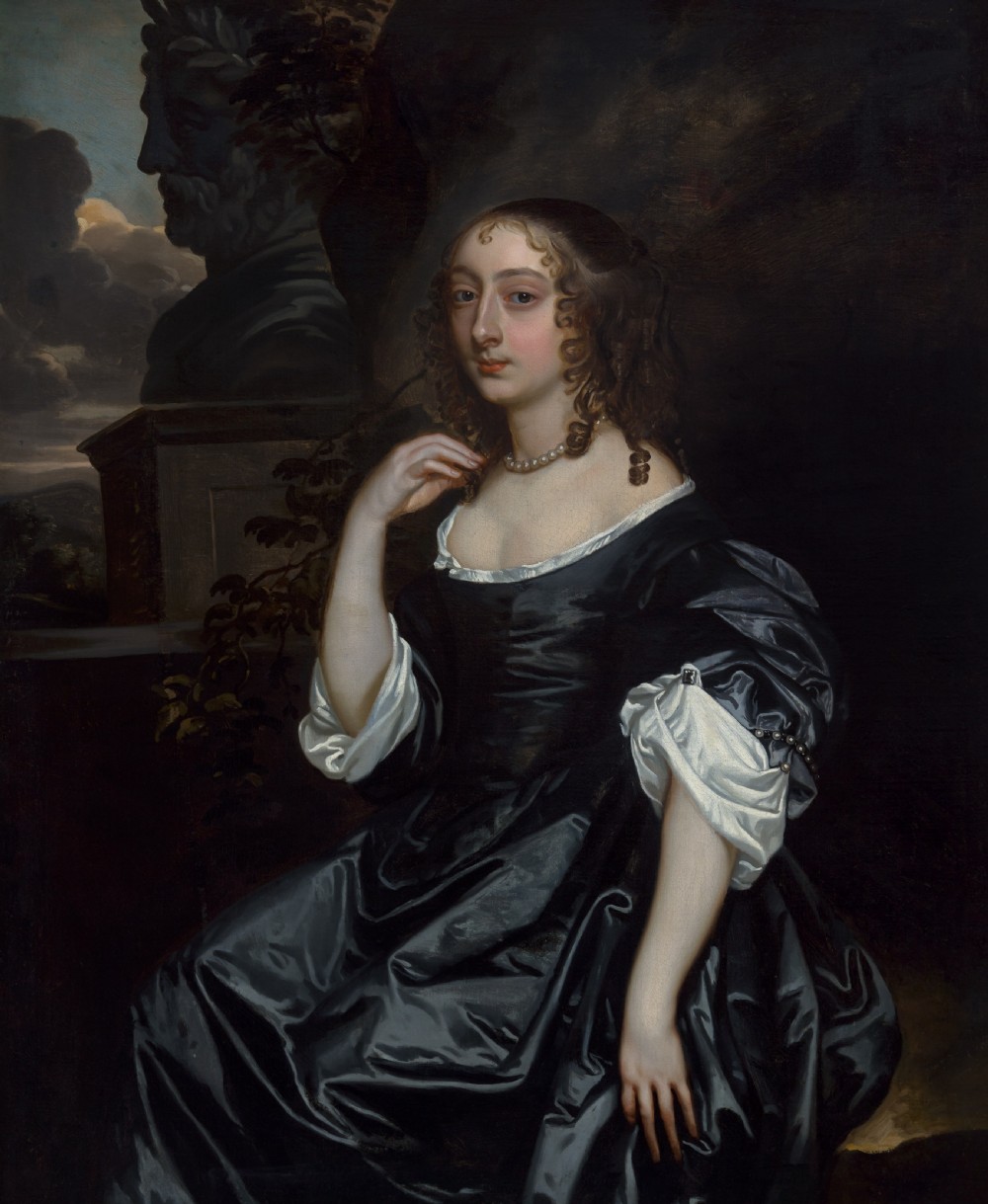 An oil painting depicting a 17th-century woman in a black dress with white satin sleeves and a pearl necklace, set against a dark backdrop with a stone bust sculpture inside a dark frame with gilded corners. View III