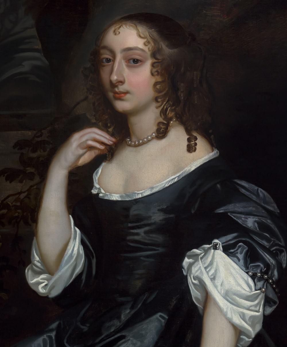 An oil painting depicting a 17th-century woman in a black dress with white satin sleeves and a pearl necklace, set against a dark backdrop with a stone bust sculpture inside a dark frame with gilded corners. View IV