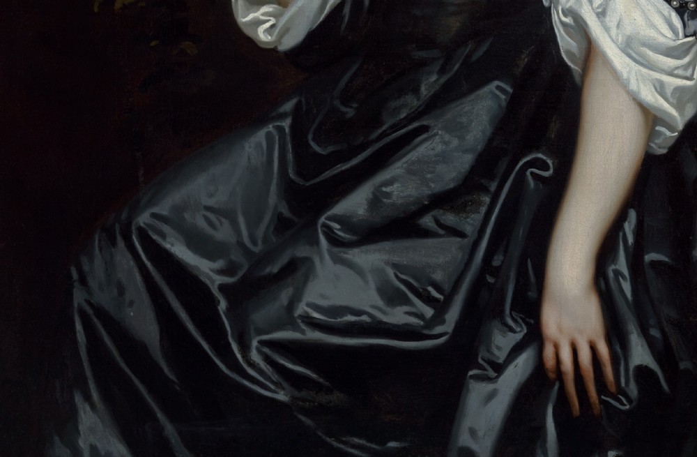 An oil painting depicting a 17th-century woman in a black dress with white satin sleeves and a pearl necklace, set against a dark backdrop with a stone bust sculpture inside a dark frame with gilded corners. View VII