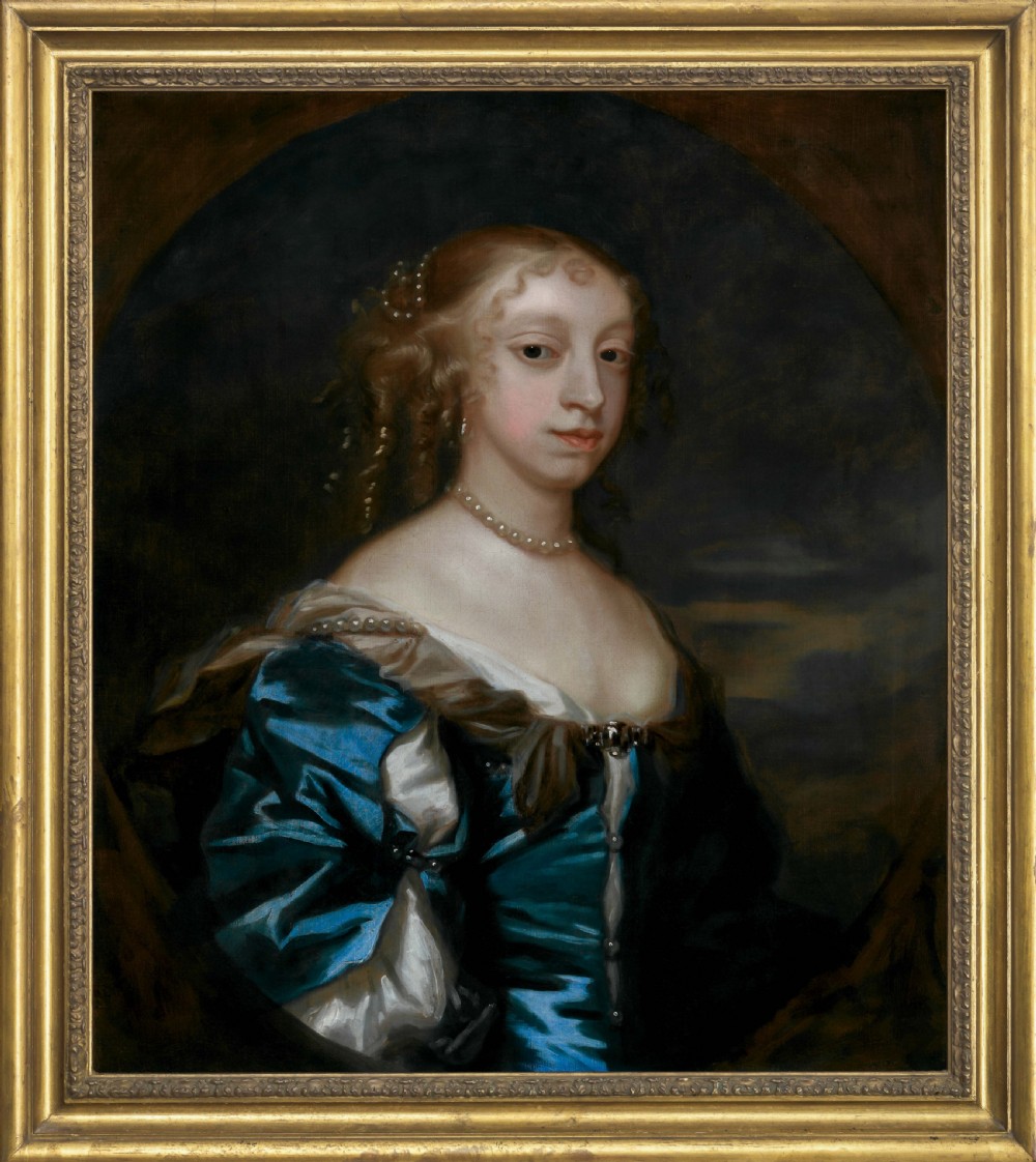 A seventeenth-century oil portrait painting depicting a noblewoman wearing a blue silk gown with cut sleeves and a pearl necklace within a gold gilt frame.