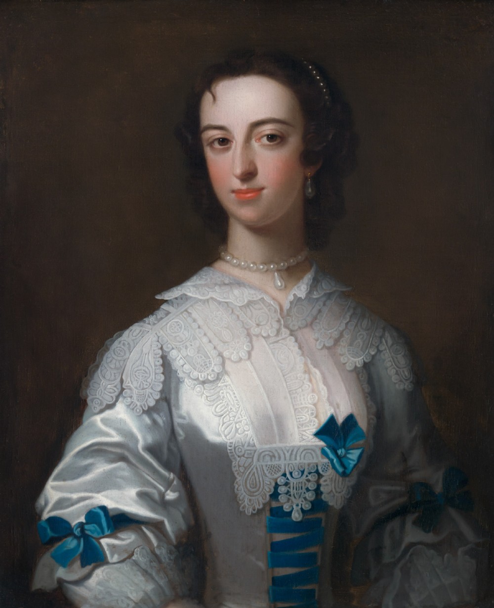 An 18th-century oil portrait depicting a lady in a white silk dress adorned with blue ribbons, housed within a ornate gilded frame. View III
