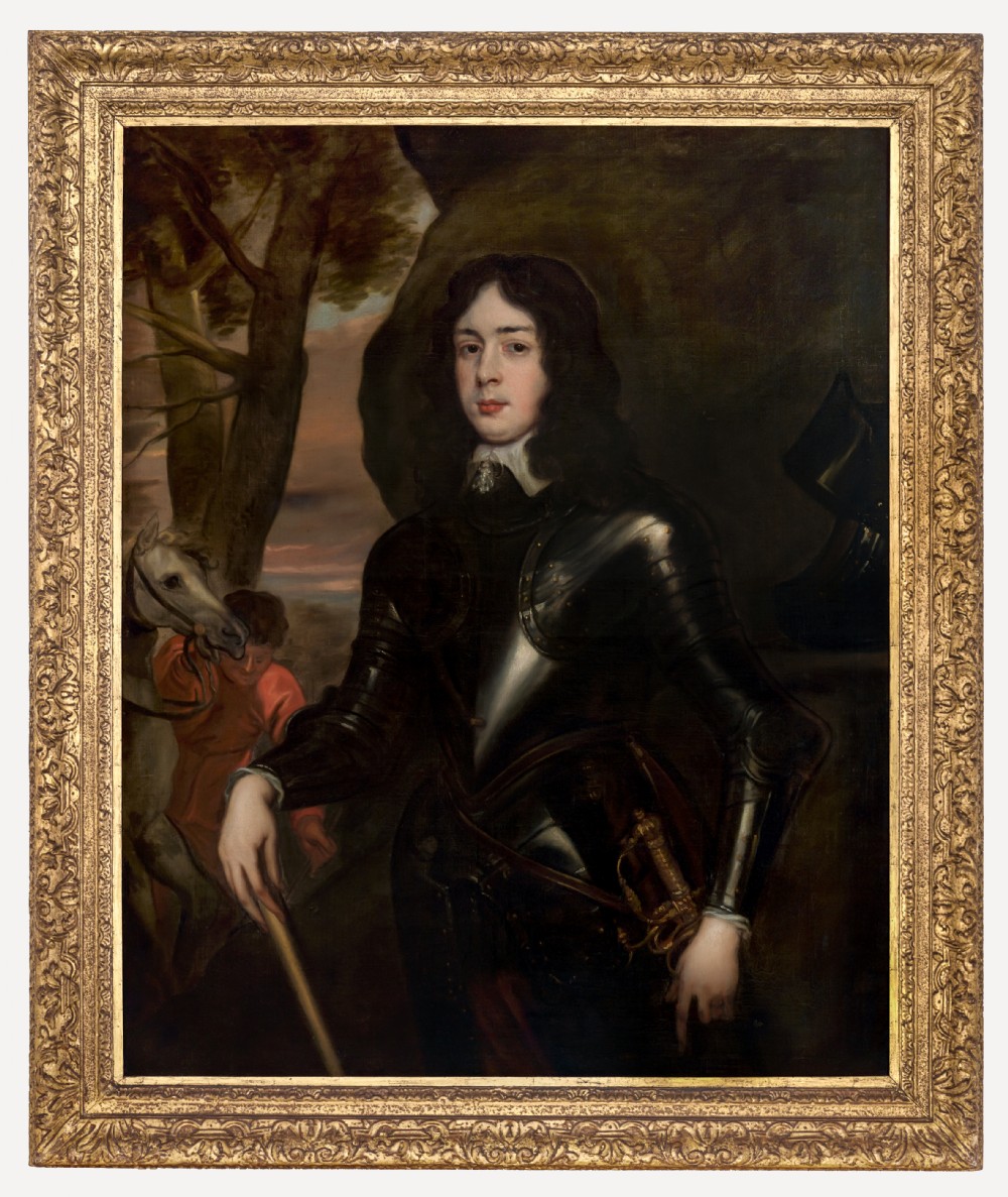 A seventeenth-century oil painting on canvas depicting a military officer in dark armour with a horse and groom in the background, set within a carved gold frame.