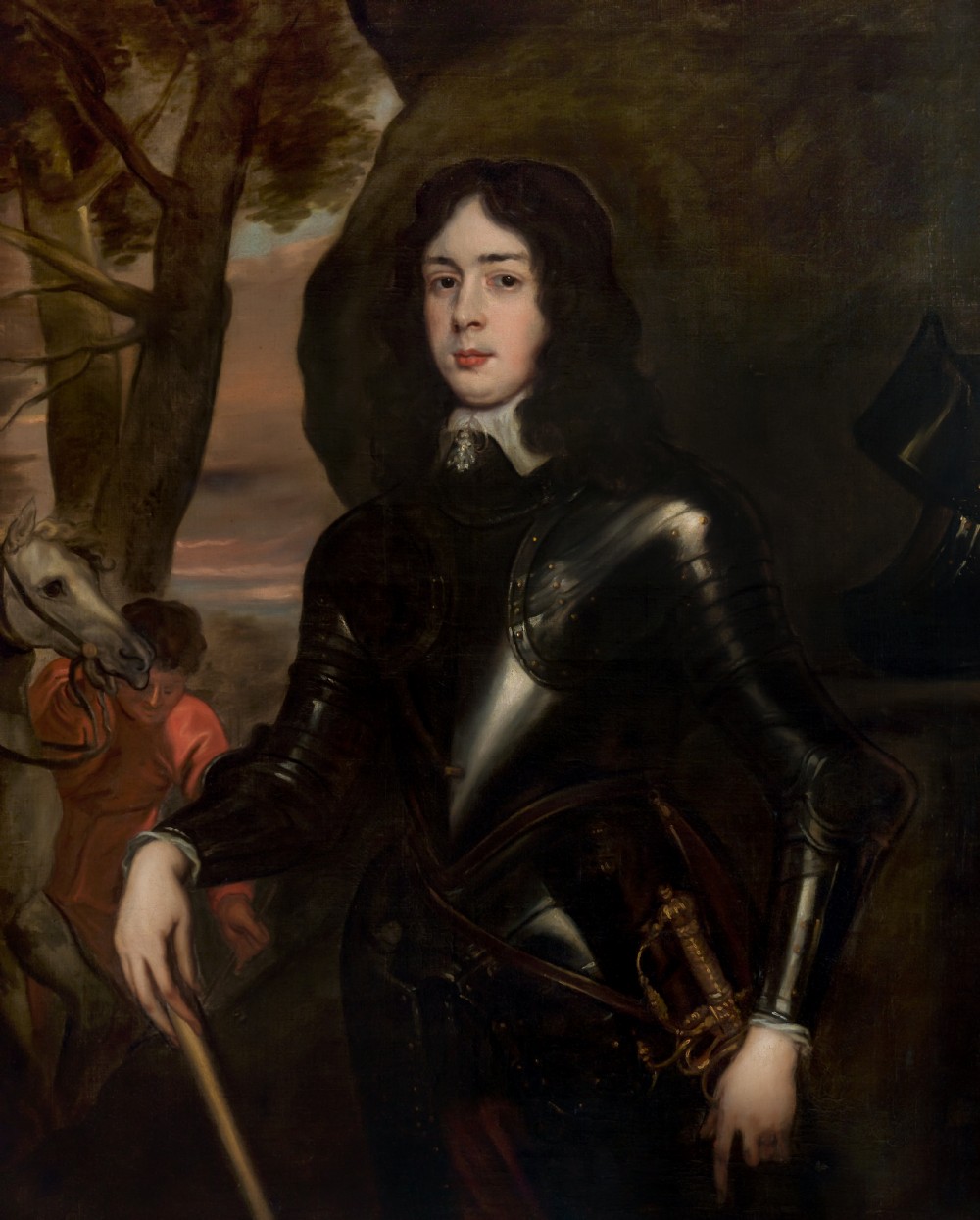 A seventeenth-century oil painting on canvas depicting a military officer in dark armour with a horse and groom in the background, set within a carved gold frame. View IV
